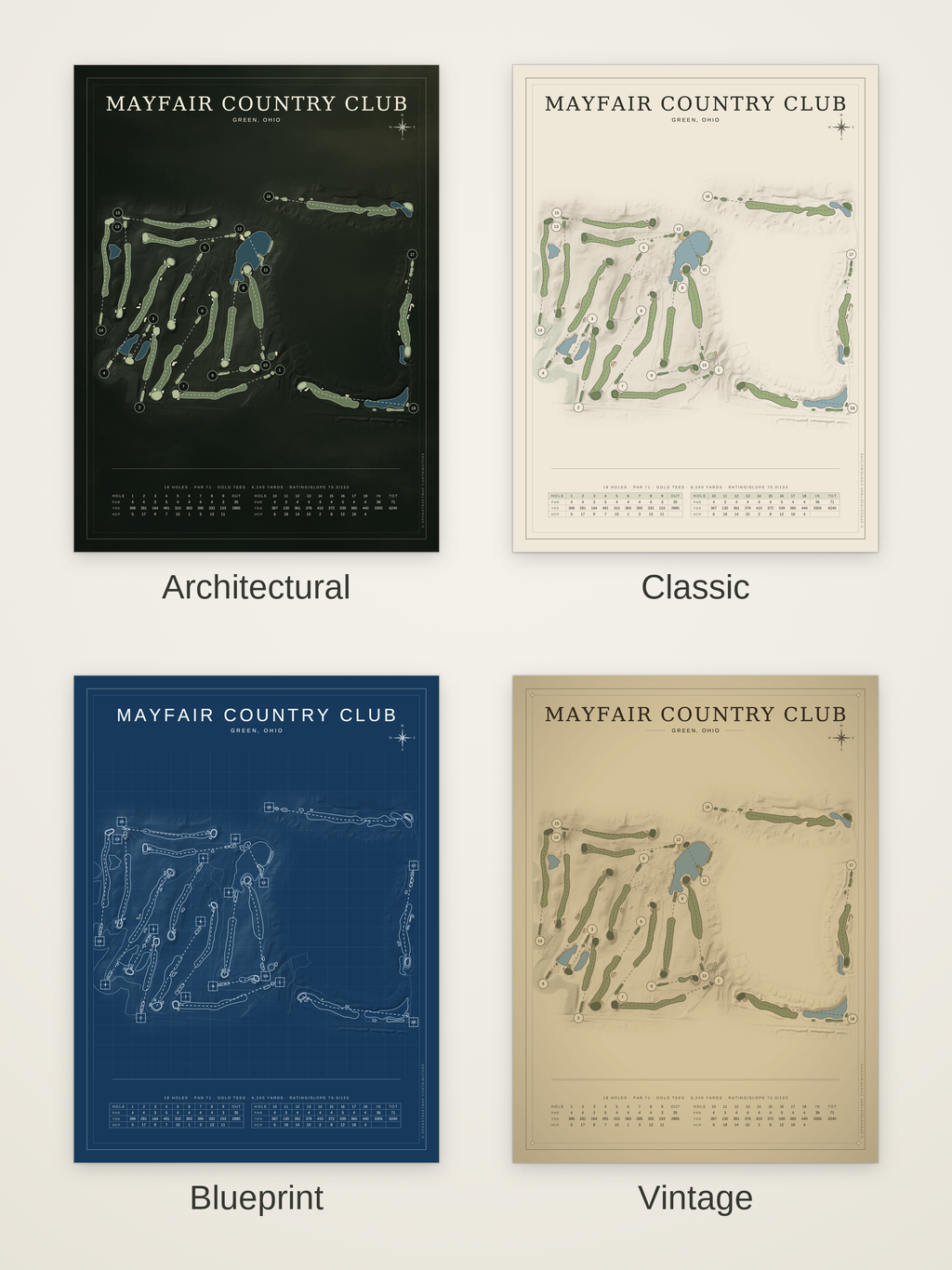 Mayfair Country Club course map poster in four styles: Architectural, Classic, Blueprint and Vintage