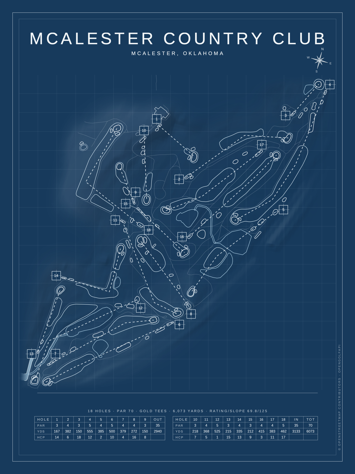 McAlester Country Club course map poster, Blueprint style, 12×16 / 18×24