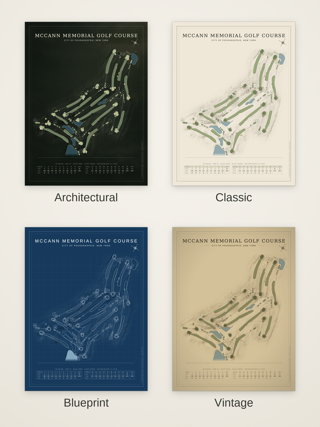 McCann Memorial Golf Course map poster in four styles: Architectural, Classic, Blueprint and Vintage