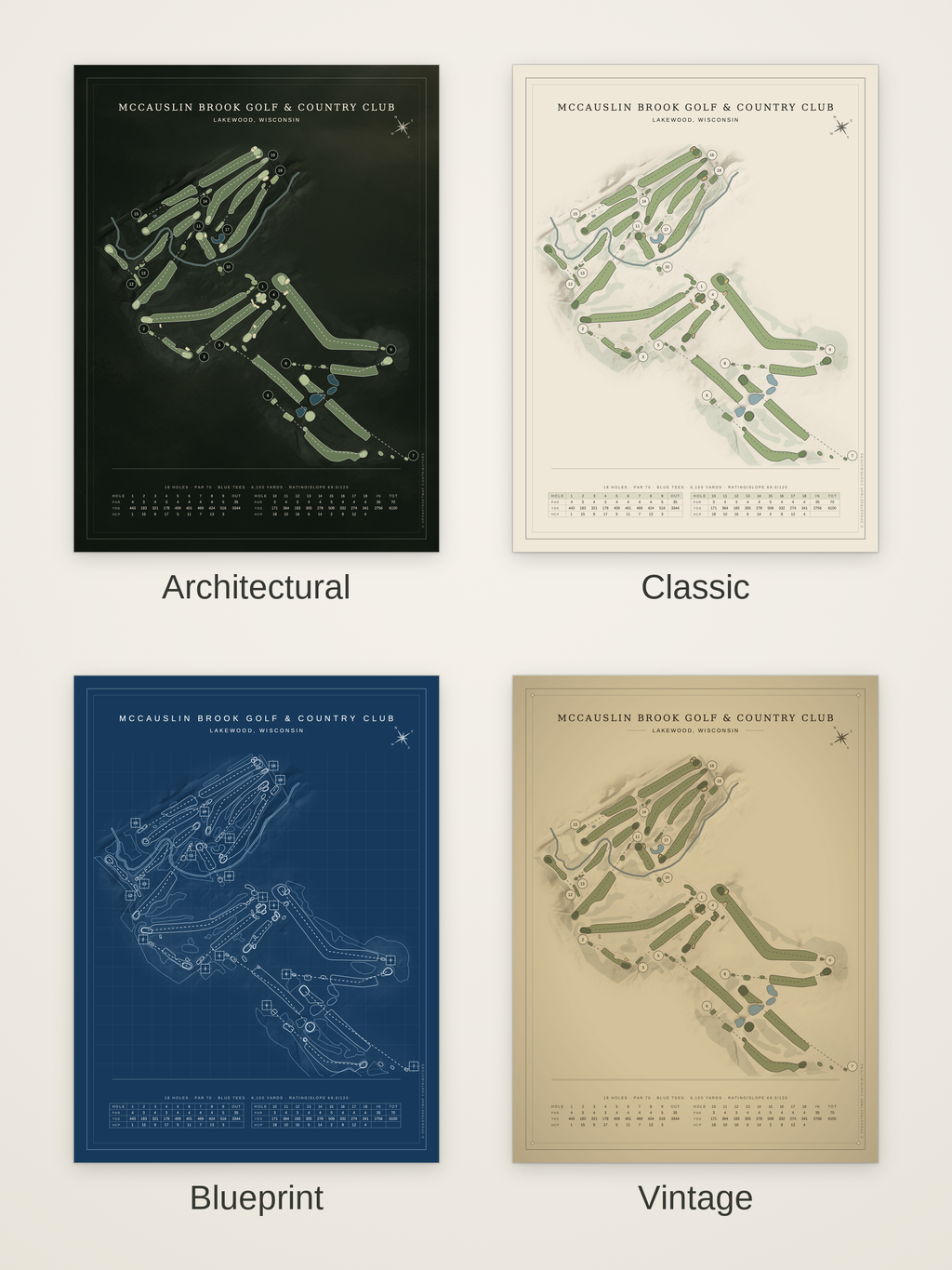 McCauslin Brook Golf & Country Club course map poster in four styles: Architectural, Classic, Blueprint and Vintage