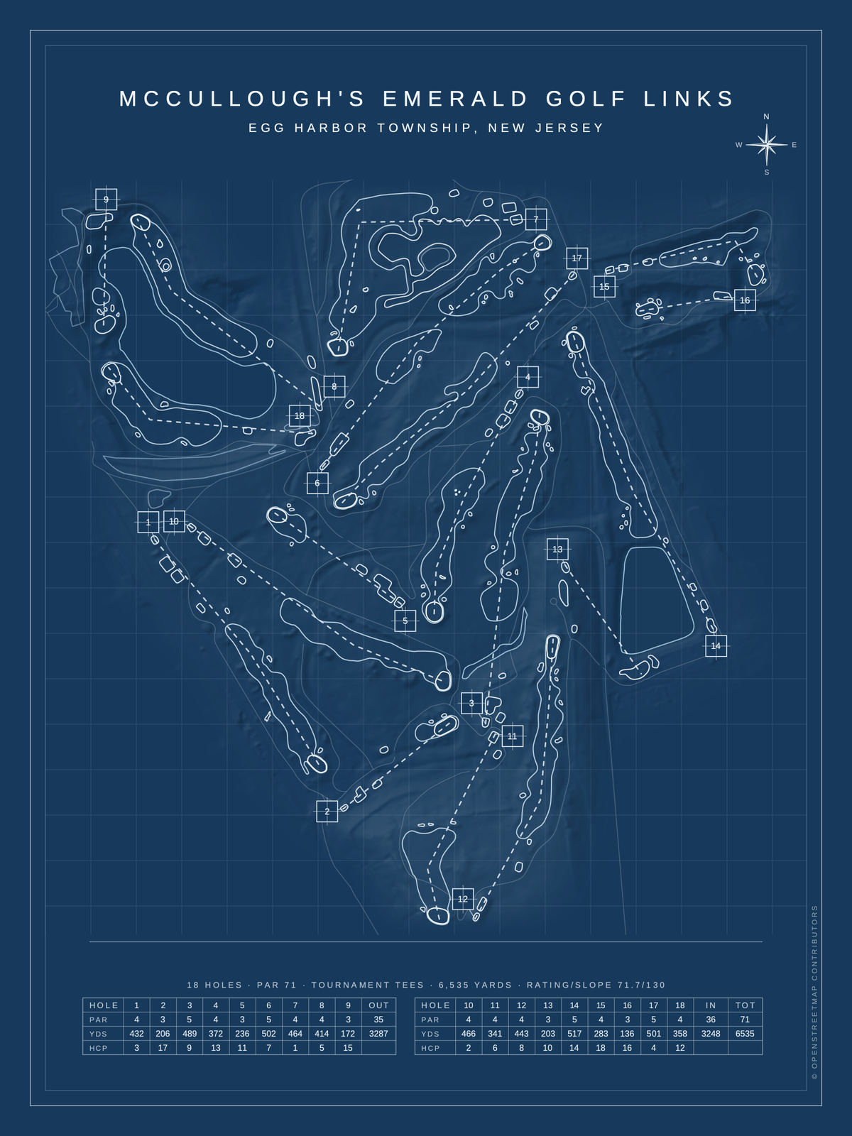 McCullough's Emerald Golf Links course map poster, Blueprint style, 12×16 / 18×24