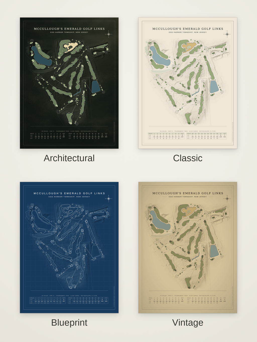 McCullough's Emerald Golf Links course map poster in four styles: Architectural, Classic, Blueprint and Vintage