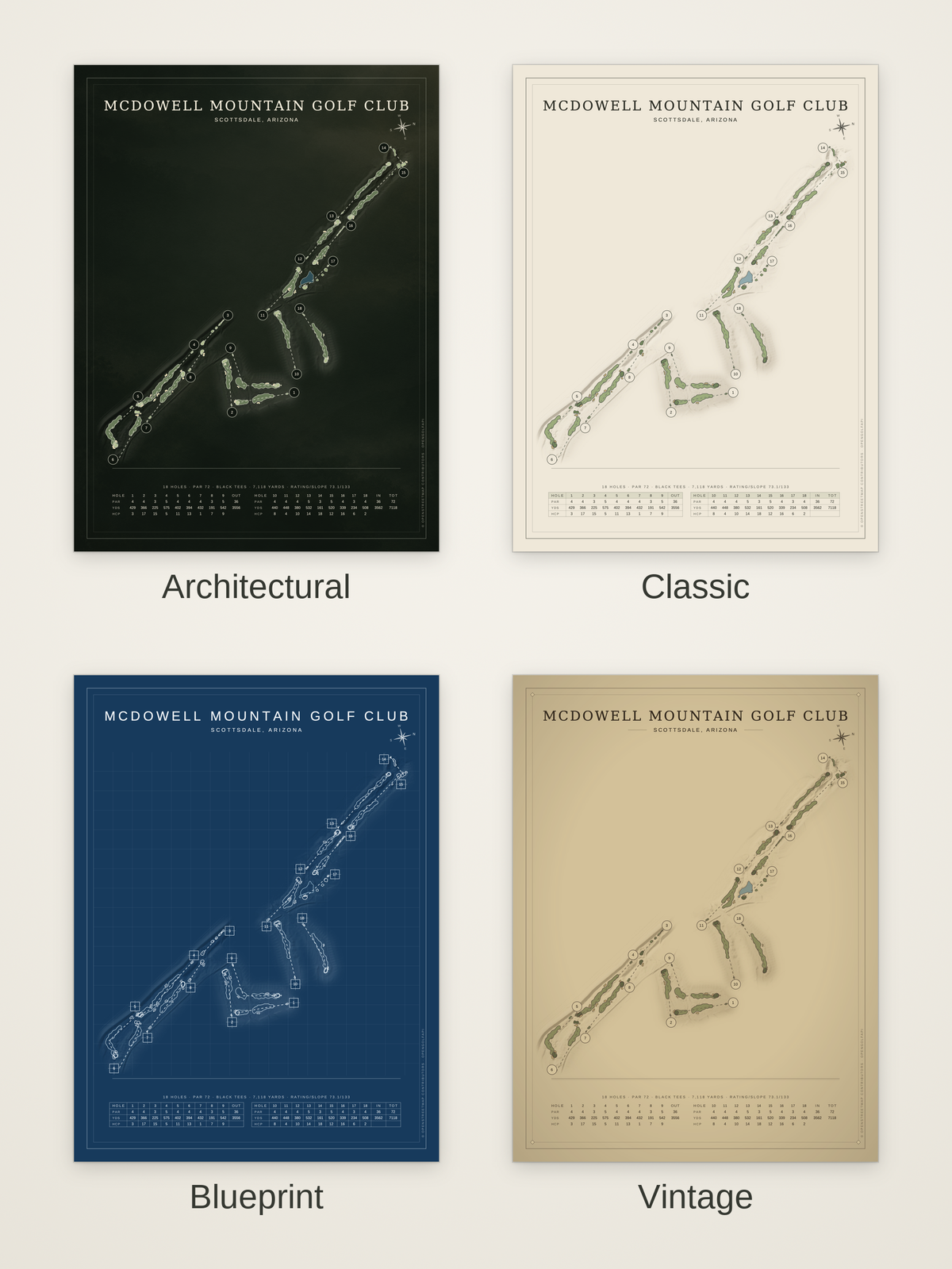 McDowell Mountain Golf Club course map poster in four styles: Architectural, Classic, Blueprint and Vintage