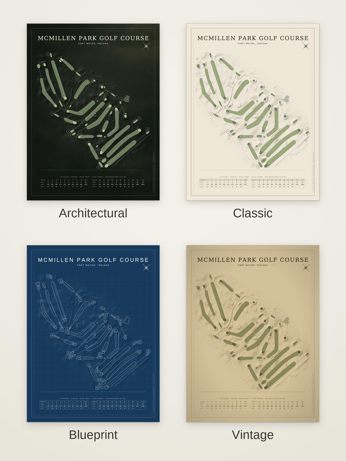 McMillen Park Golf Course map poster in four styles: Architectural, Classic, Blueprint and Vintage