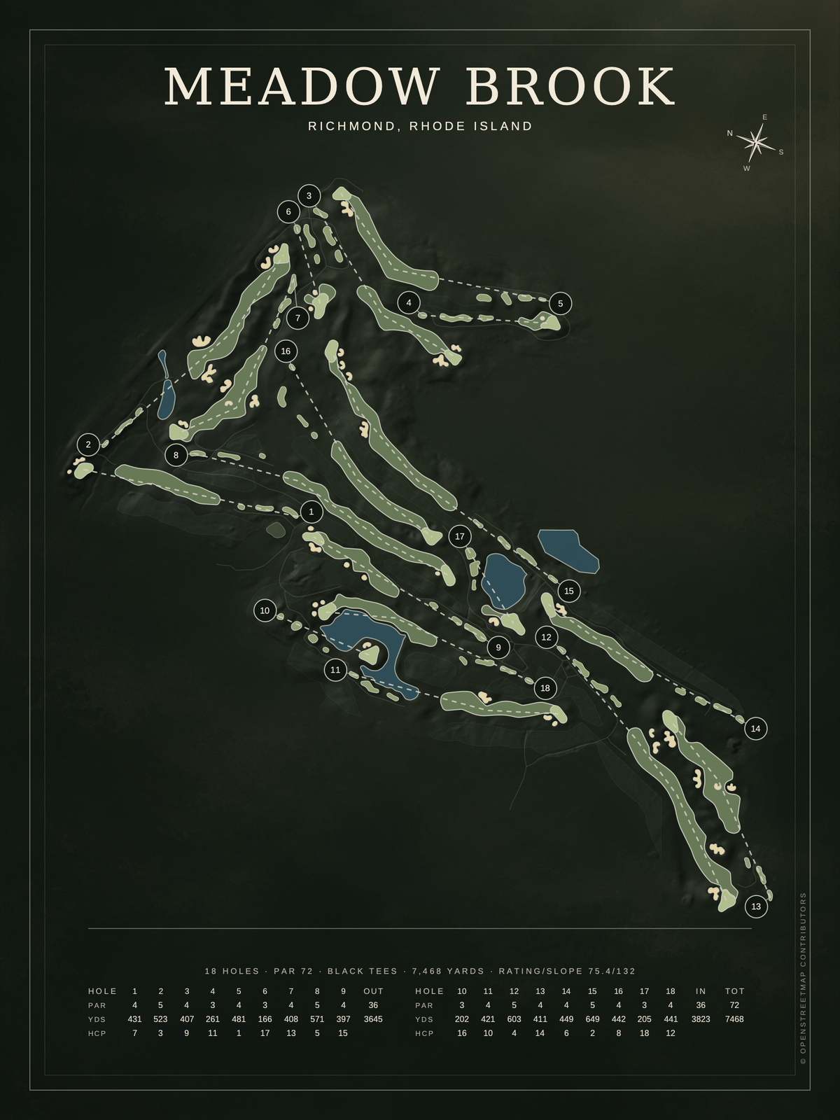 Meadow Brook course map poster, Architectural style, 12×16 / 18×24