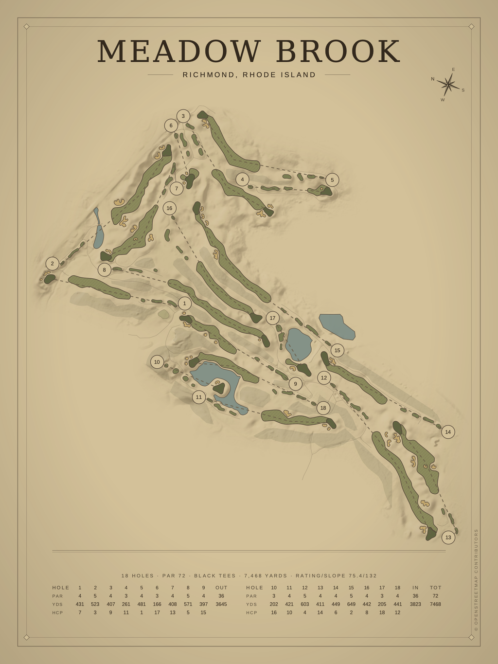 Meadow Brook course map poster, Vintage style, 12×16 / 18×24