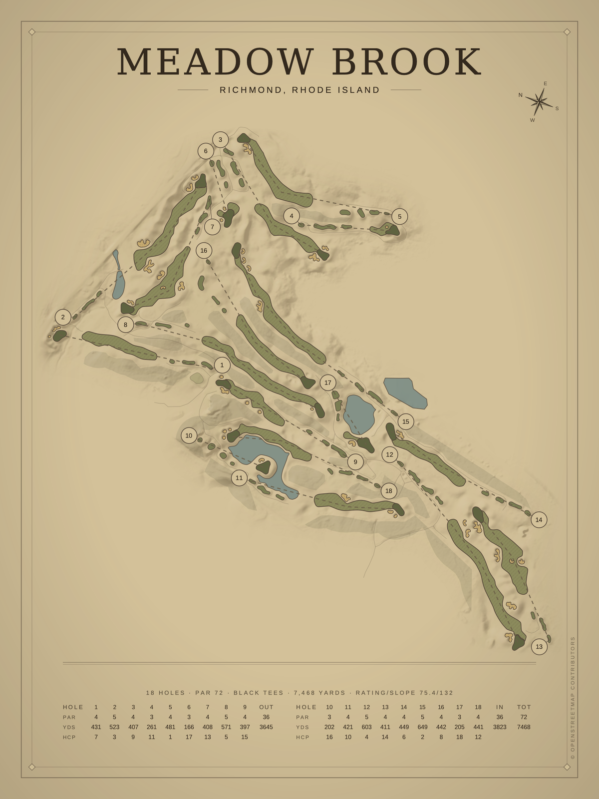Meadow Brook course map poster, Vintage style, 12×16 / 18×24