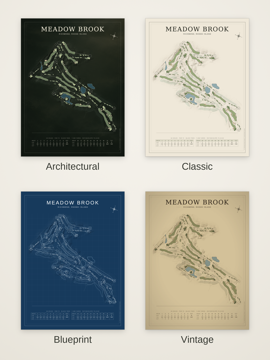 Meadow Brook course map poster in four styles: Architectural, Classic, Blueprint and Vintage