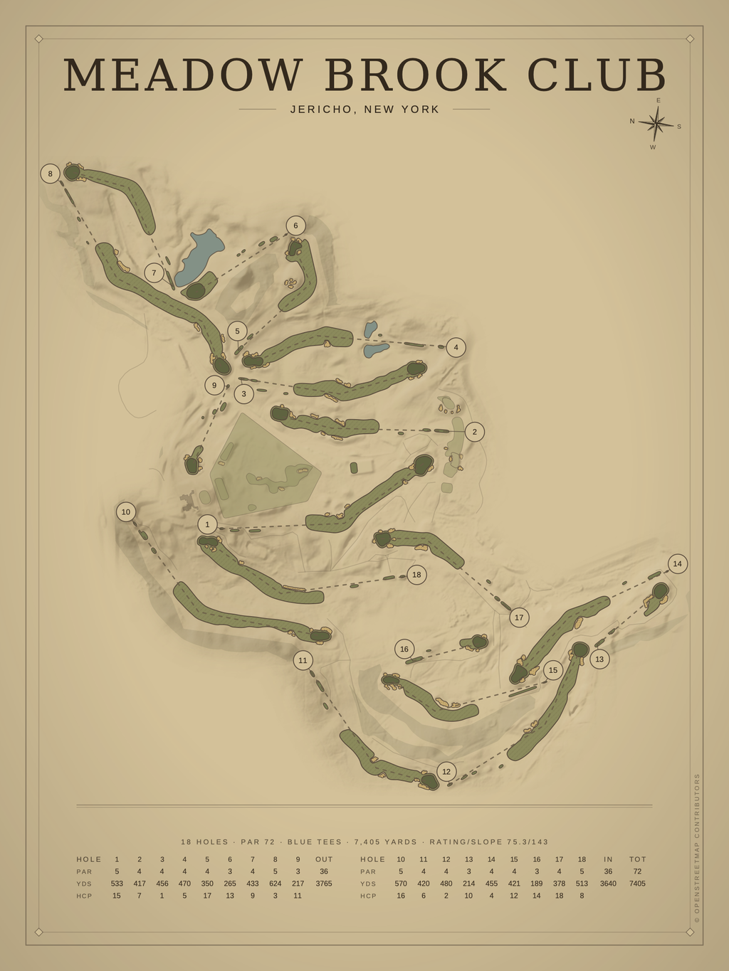 Meadow Brook Club course map poster, Vintage style, 12×16 / 18×24