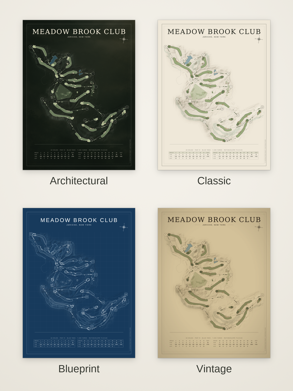 Meadow Brook Club course map poster in four styles: Architectural, Classic, Blueprint and Vintage