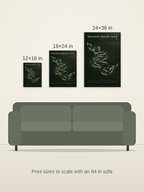 Meadow Brook Club course map poster in the Architectural style at 12×16, 18×24 and 24×36 inches, shown to scale on a wall above an 84-inch sofa