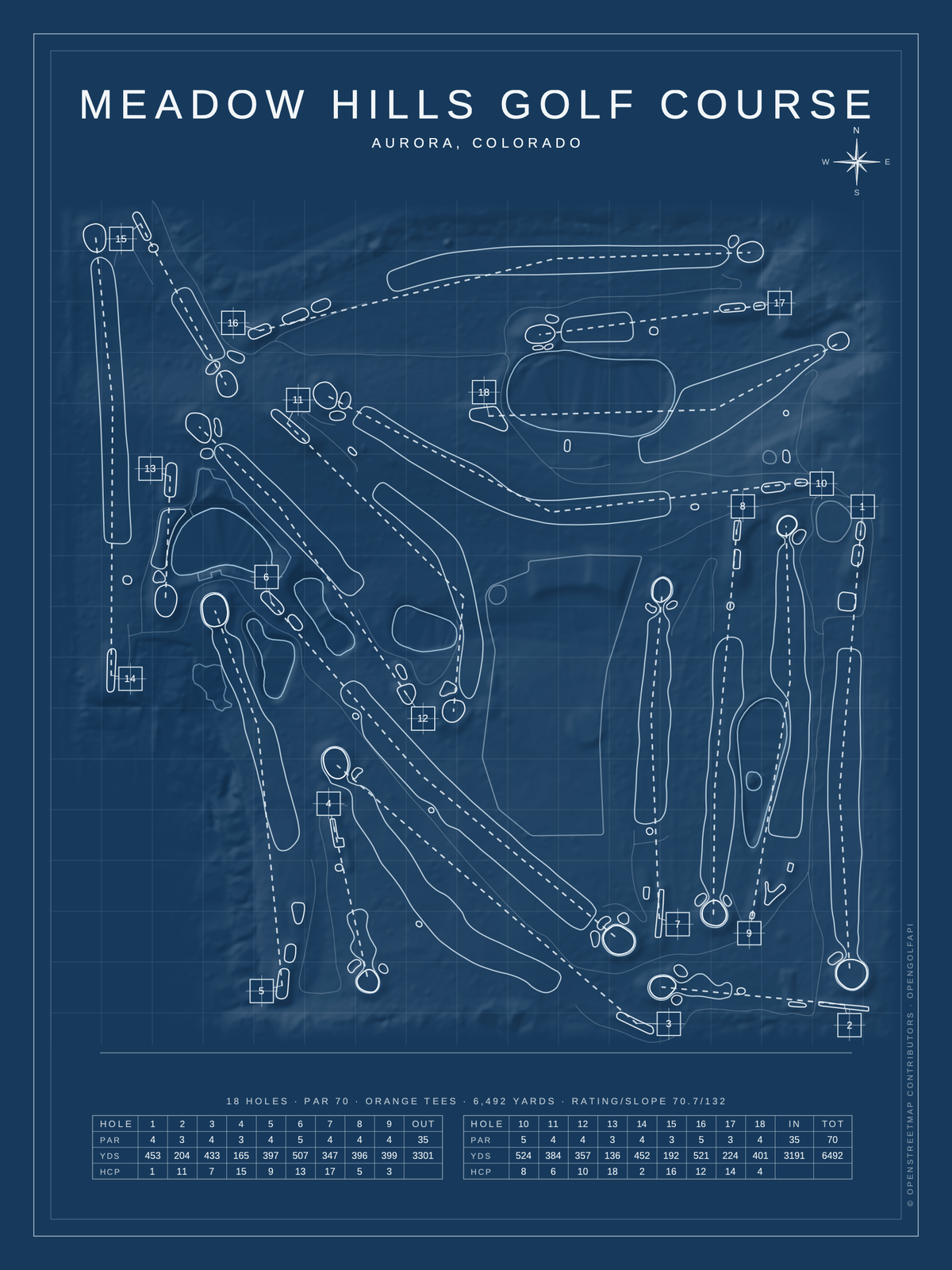 Meadow Hills Golf Course map poster, Blueprint style, 12×16 / 18×24
