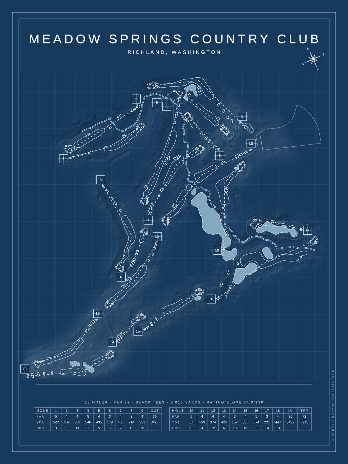 Meadow Springs Country Club course map poster, Blueprint style, 12×16 / 18×24