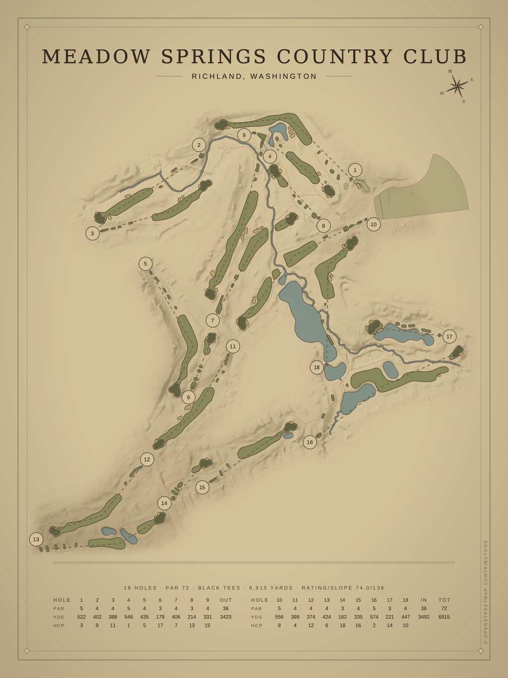 Meadow Springs Country Club course map poster, Vintage style, 12×16 / 18×24