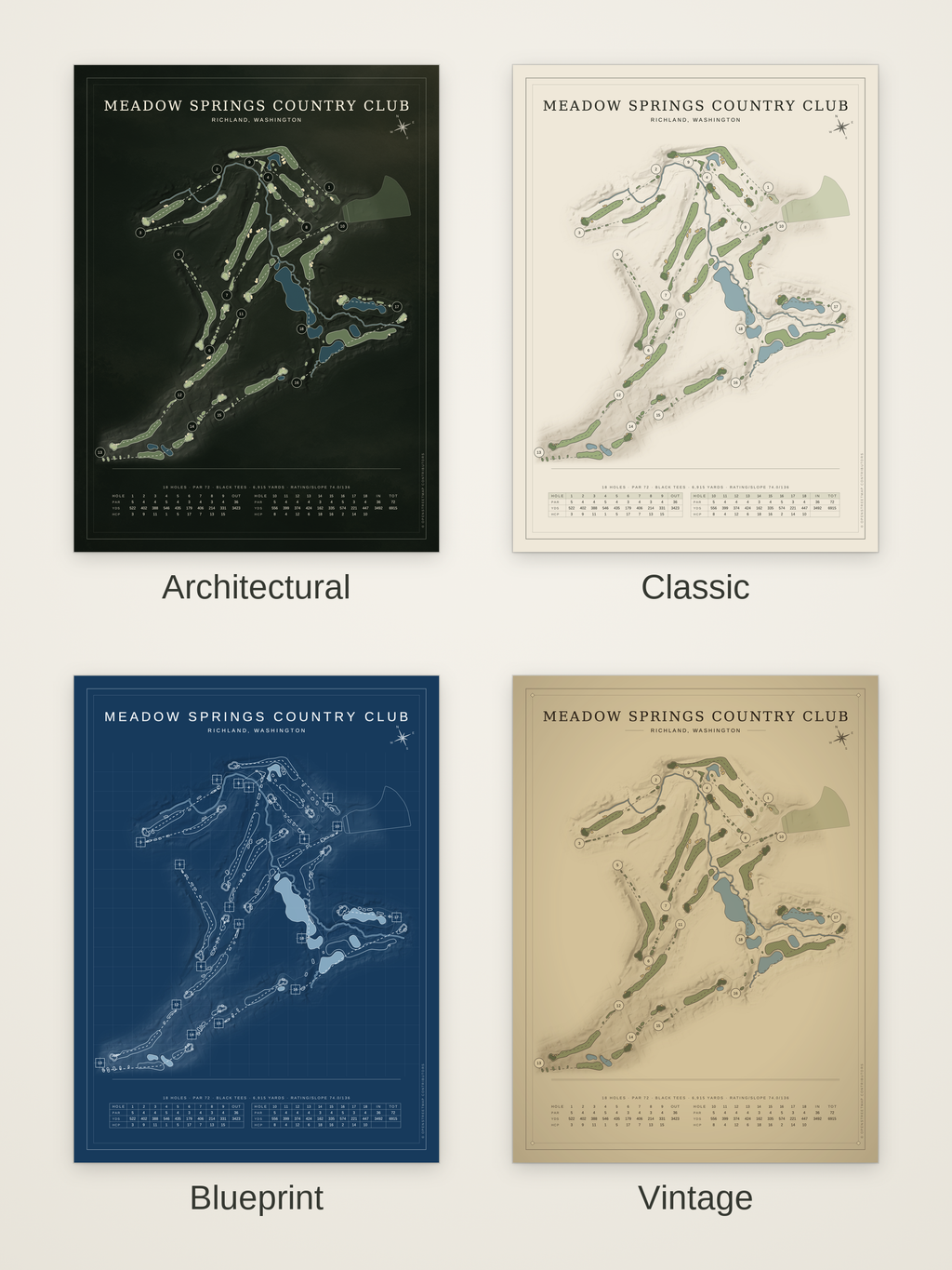 Meadow Springs Country Club course map poster in four styles: Architectural, Classic, Blueprint and Vintage