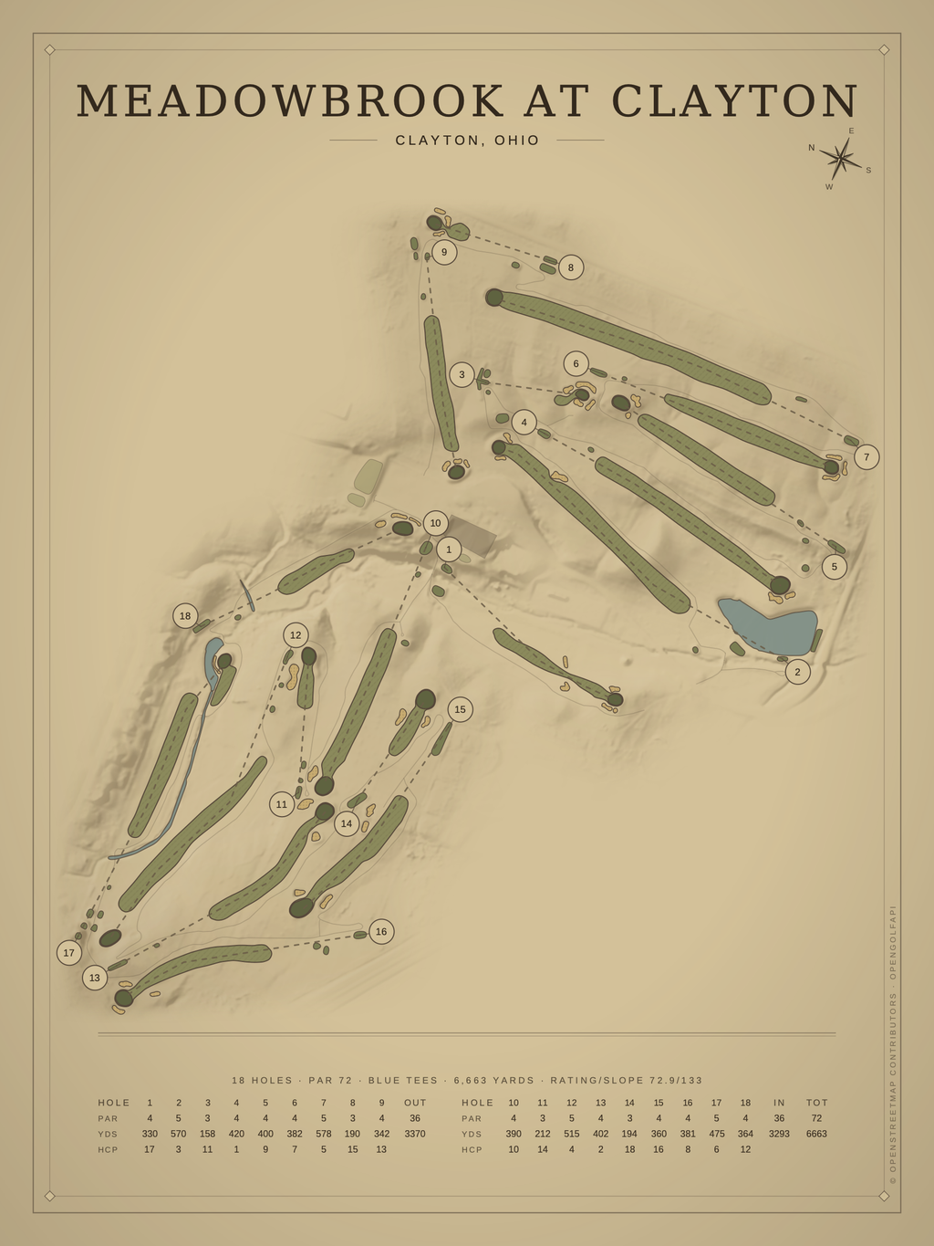 Meadowbrook at Clayton course map poster, Vintage style, 12×16 / 18×24
