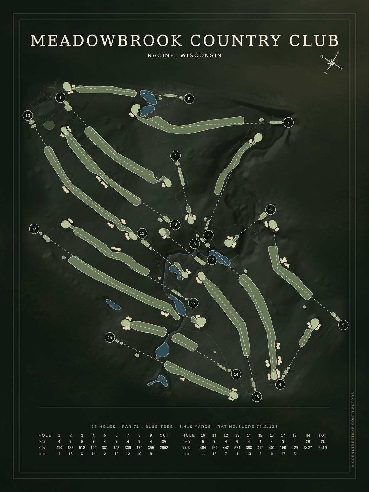 Meadowbrook Country Club course map poster, Architectural style, 12×16 / 18×24