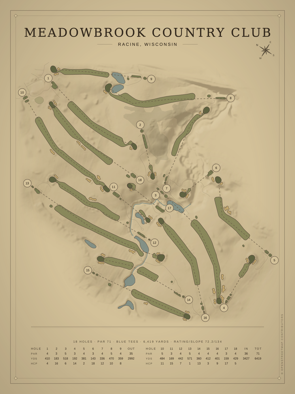 Meadowbrook Country Club course map poster, Vintage style, 12×16 / 18×24