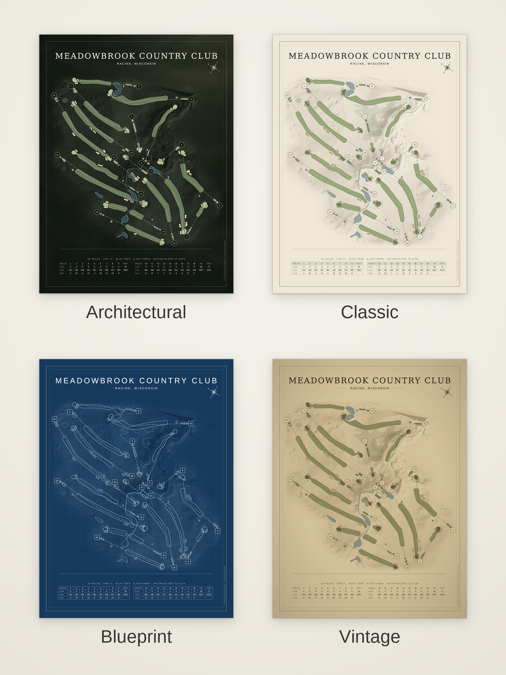 Meadowbrook Country Club course map poster in four styles: Architectural, Classic, Blueprint and Vintage