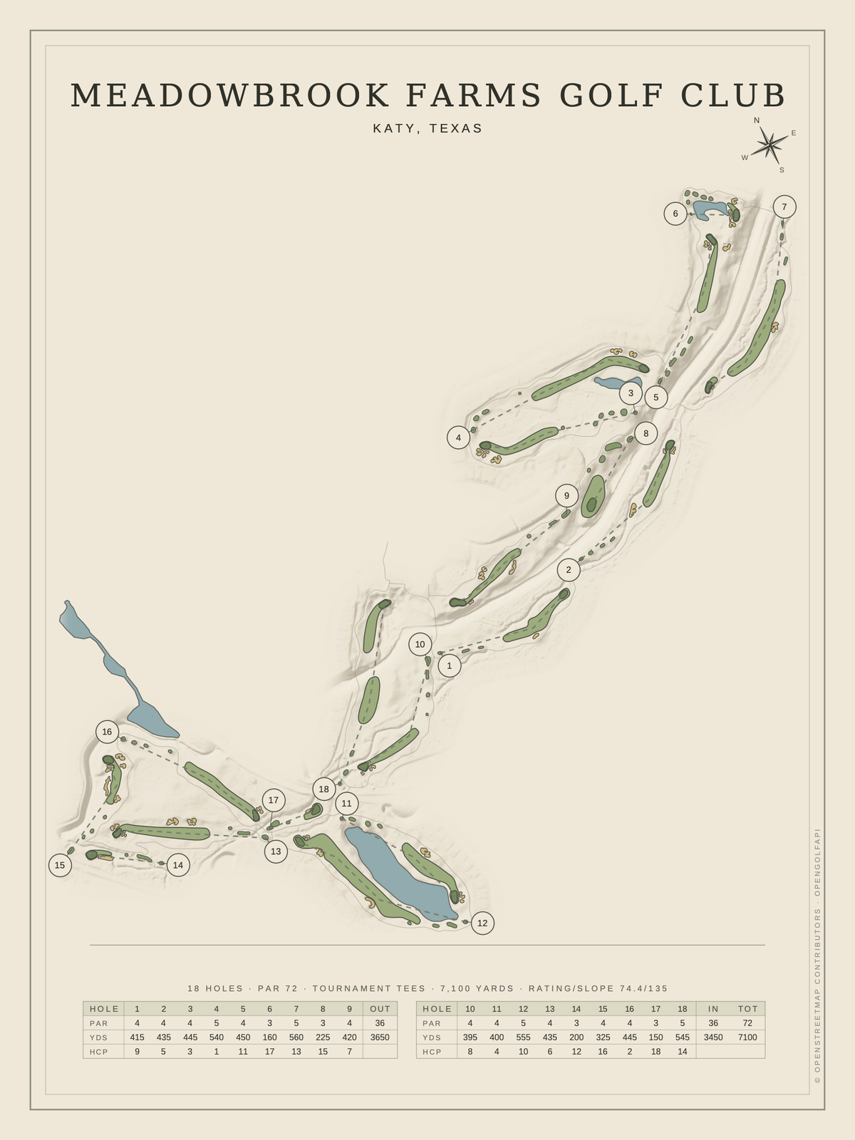Meadowbrook Farms Golf Club course map poster, Classic style, 12×16 / 18×24