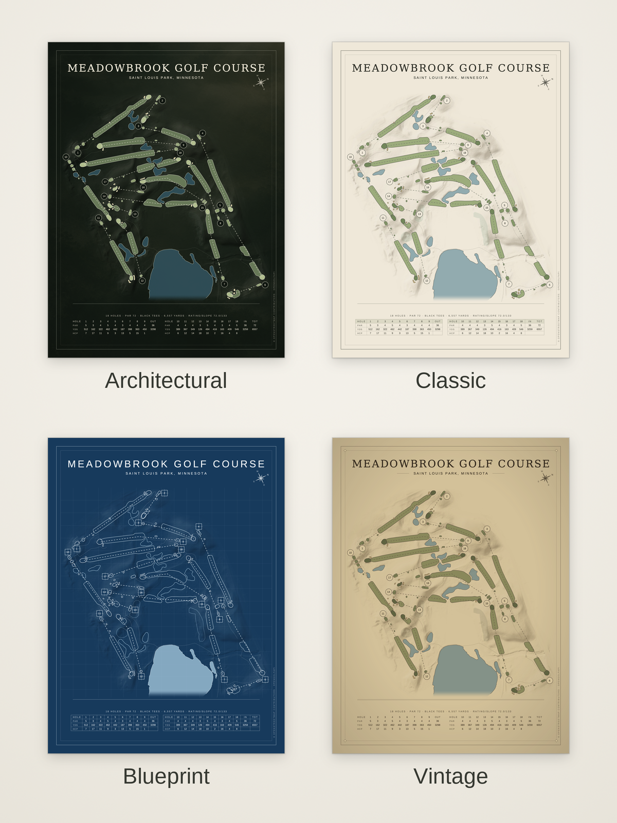 Meadowbrook Golf Course map poster in four styles: Architectural, Classic, Blueprint and Vintage