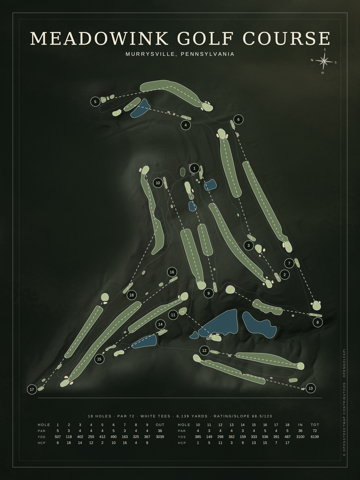 Meadowink Golf Course map poster, Architectural style, 12×16 / 18×24