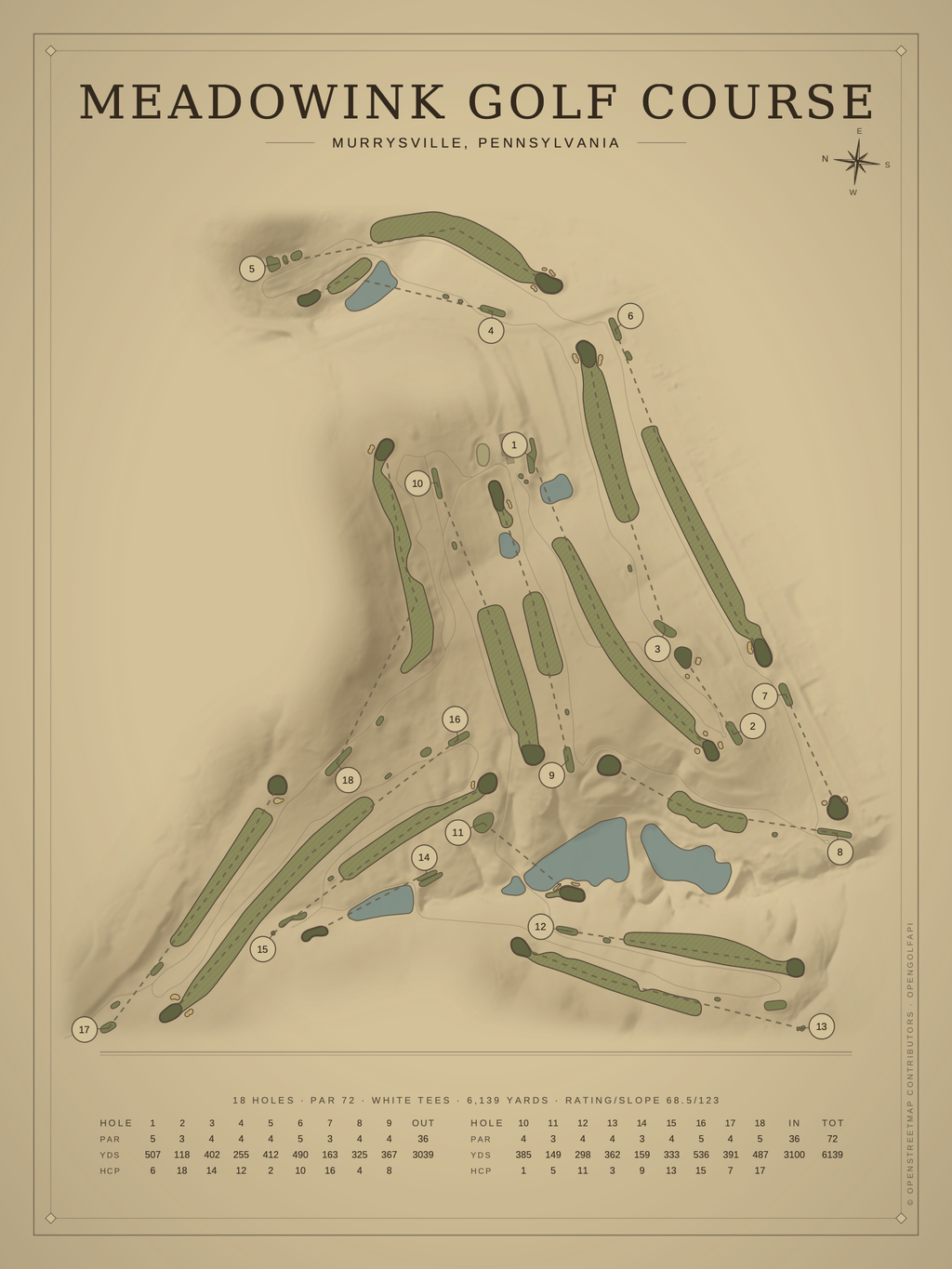 Meadowink Golf Course map poster, Vintage style, 12×16 / 18×24