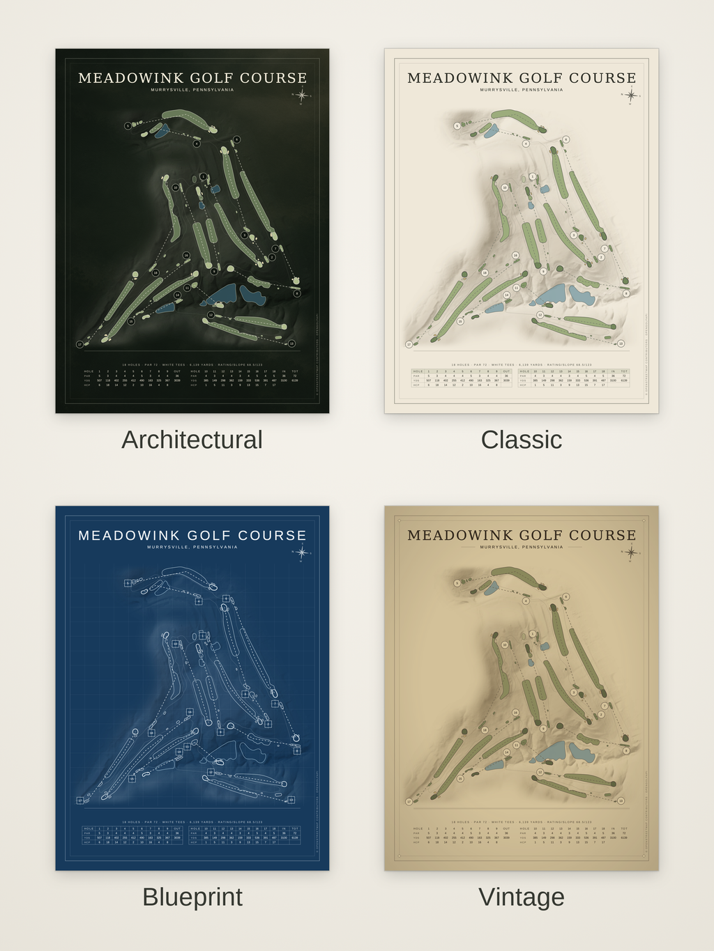 Meadowink Golf Course map poster in four styles: Architectural, Classic, Blueprint and Vintage
