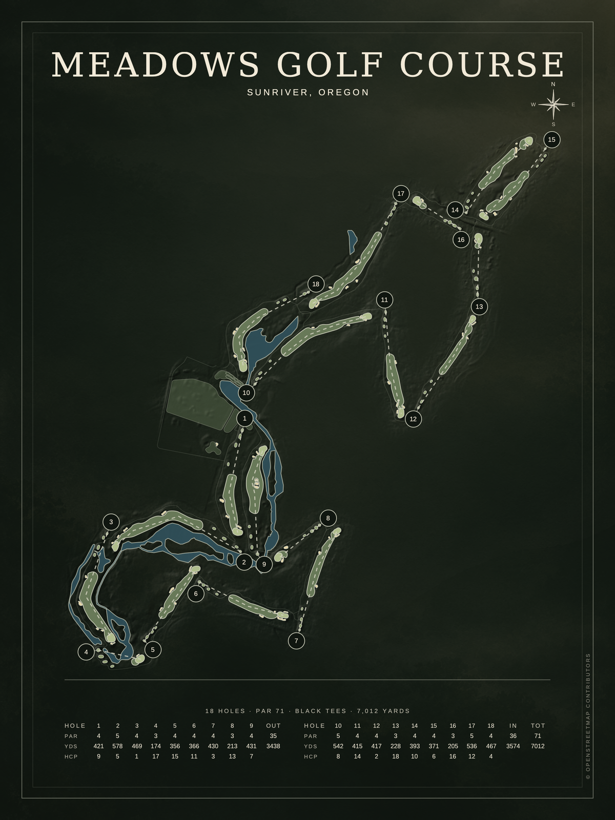 Meadows Golf Course map poster, Architectural style, 12×16 / 18×24