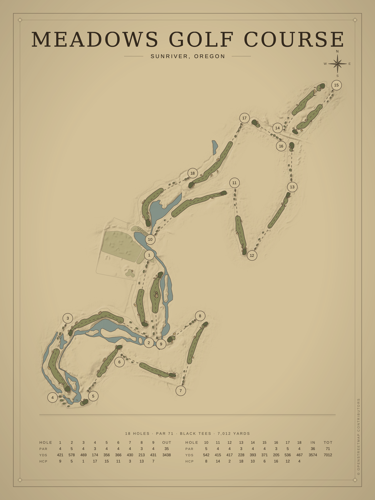 Meadows Golf Course map poster, Vintage style, 12×16 / 18×24