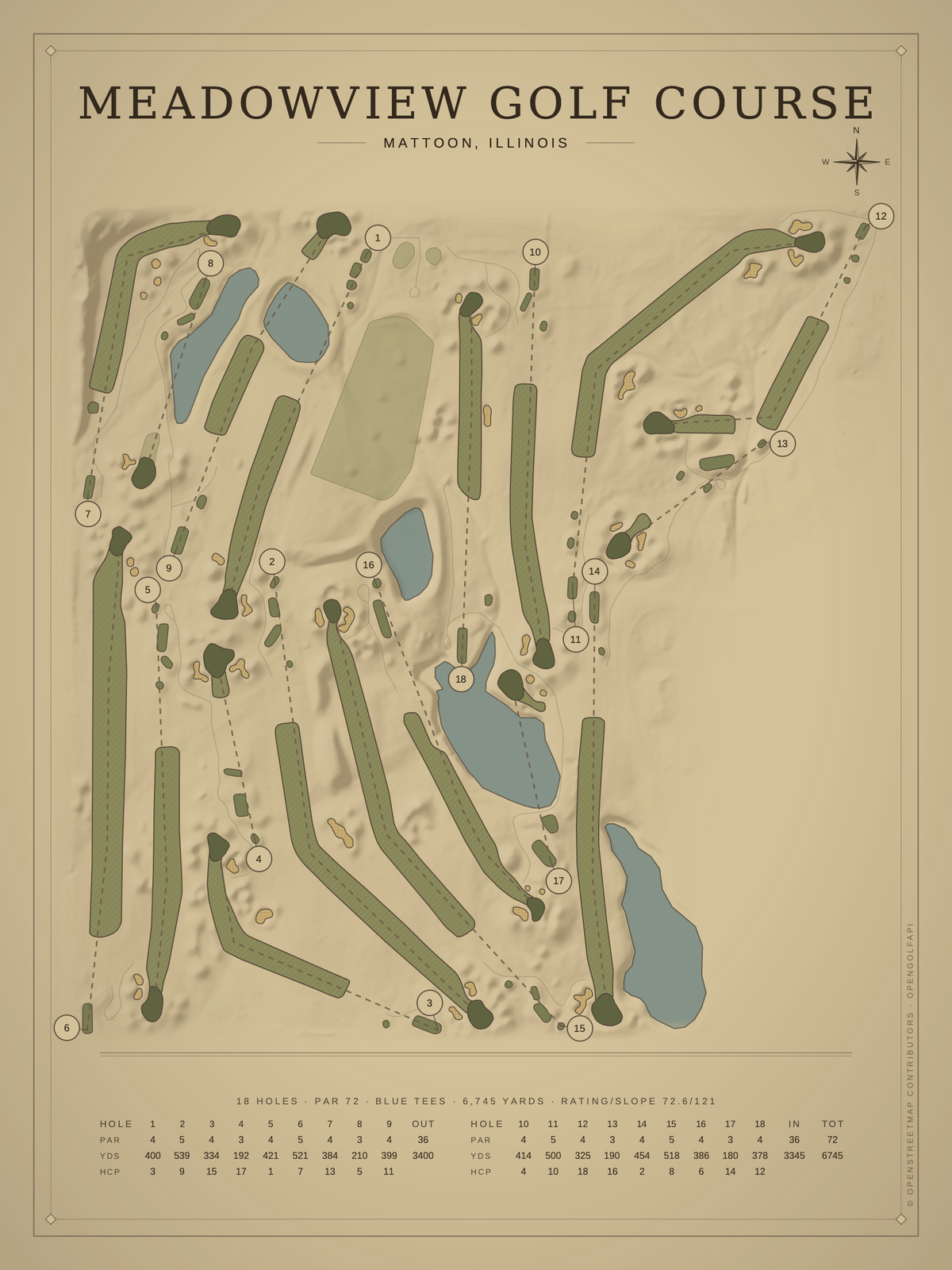 Meadowview Golf Course map poster, Vintage style, 12×16 / 18×24