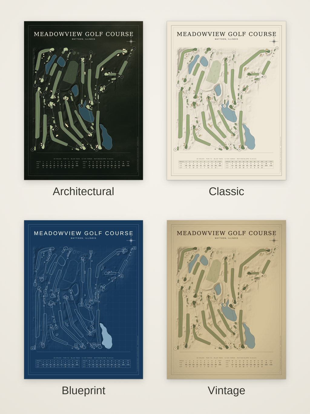 Meadowview Golf Course map poster in four styles: Architectural, Classic, Blueprint and Vintage