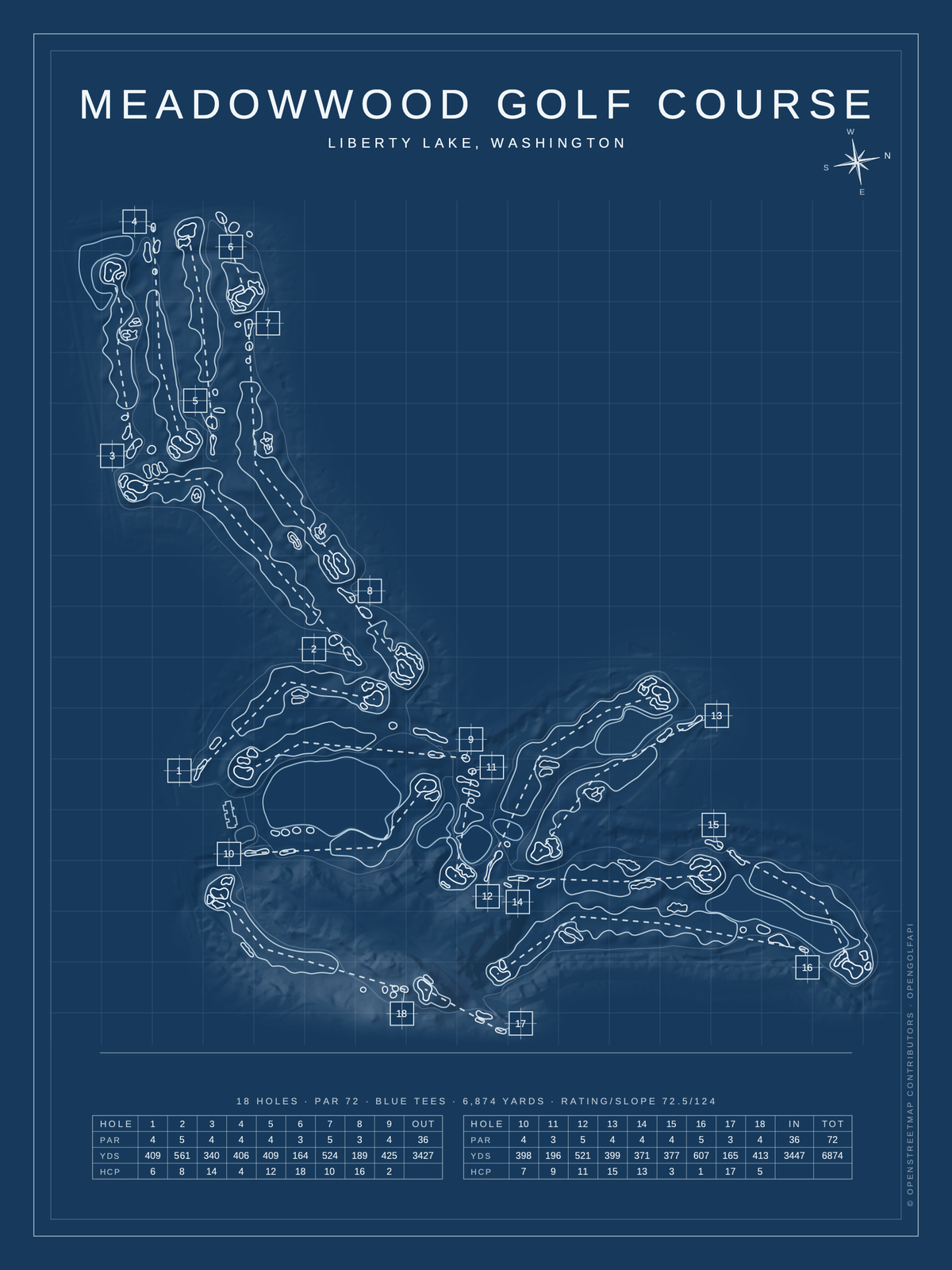 MeadowWood Golf Course map poster, Blueprint style, 12×16 / 18×24