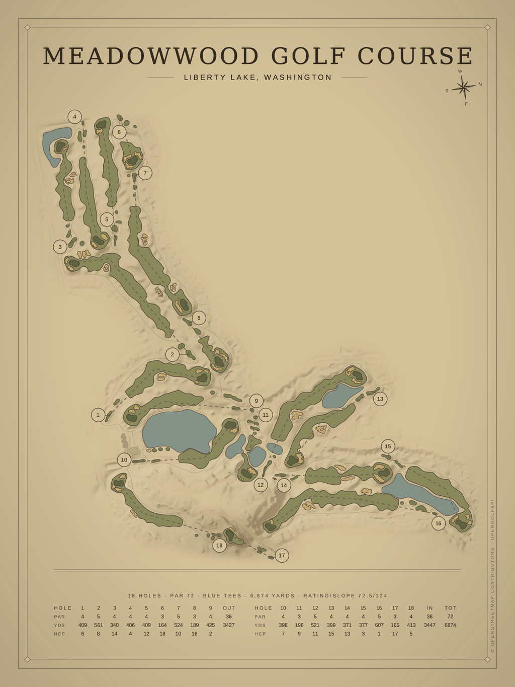 MeadowWood Golf Course map poster, Vintage style, 12×16 / 18×24