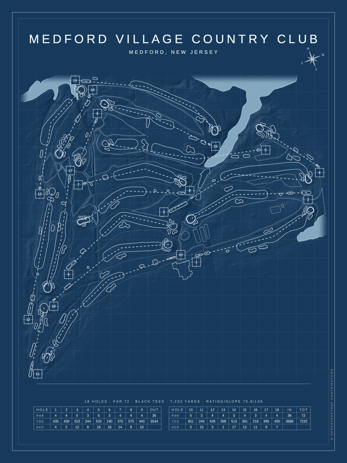 Medford Village Country Club course map poster, Blueprint style, 12×16 / 18×24