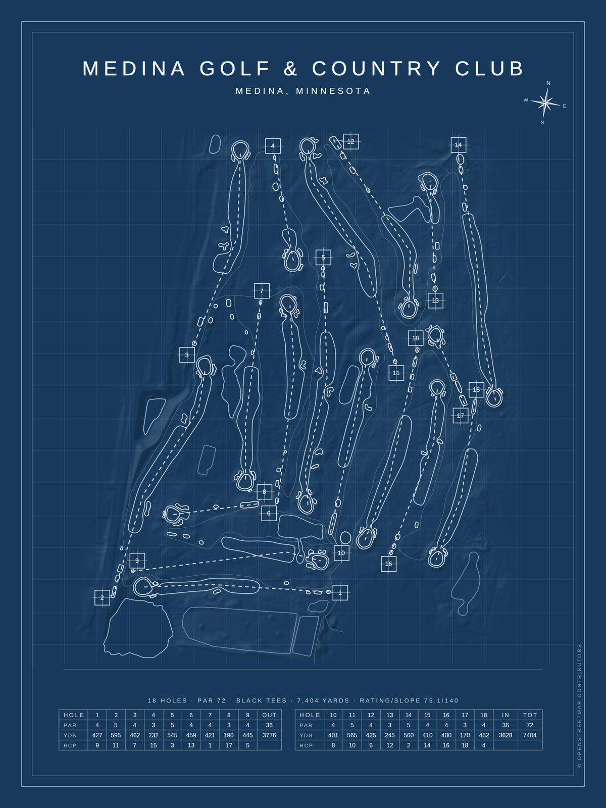 Medina Golf & Country Club course map poster, Blueprint style, 12×16 / 18×24