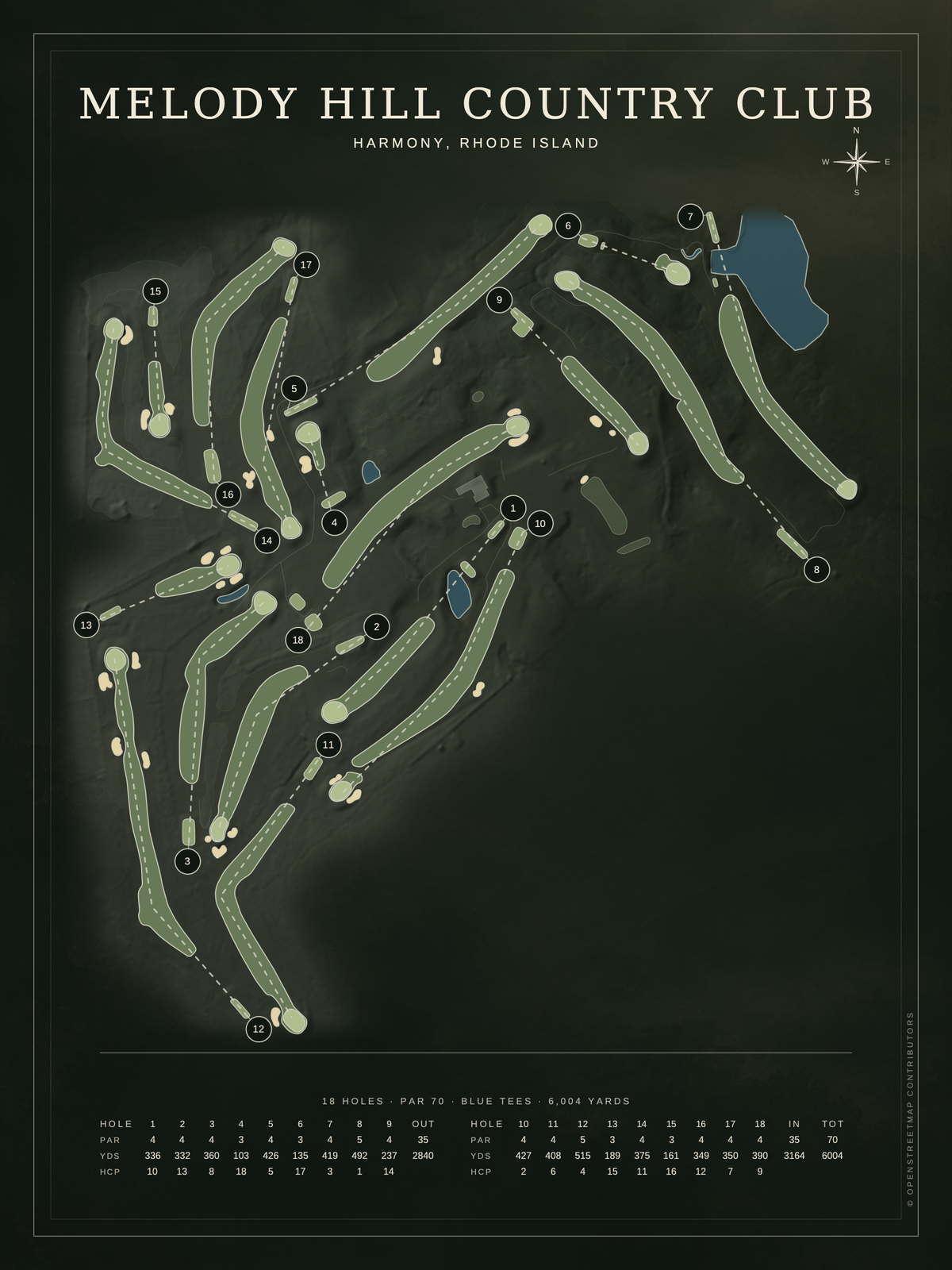 Melody Hill Country Club course map poster, Architectural style, 12×16 / 18×24