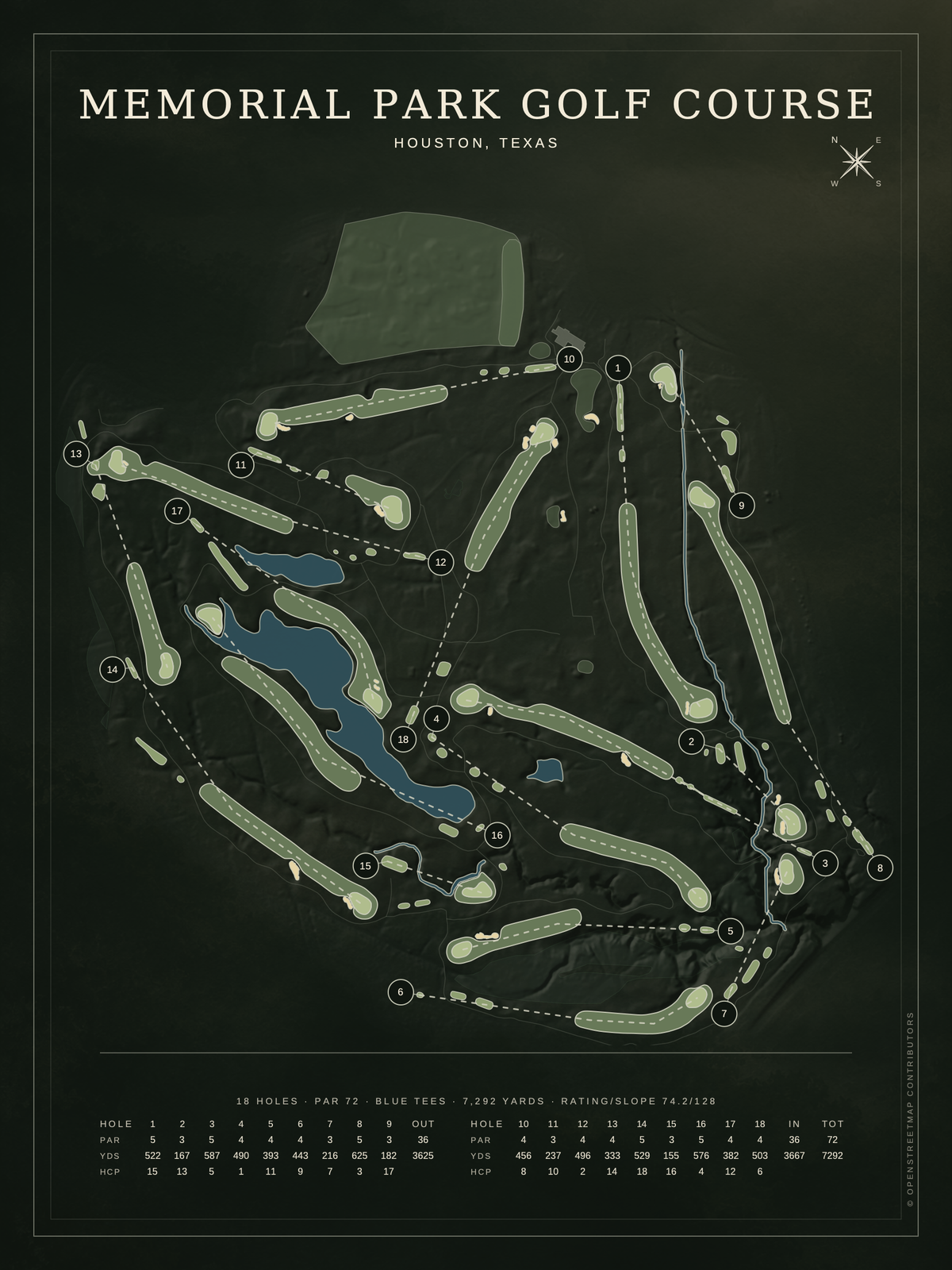 Memorial Park Golf Course map poster, Architectural style, 12×16 / 18×24