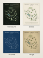 Memorial Park Golf Course map poster in four styles: Architectural, Classic, Blueprint and Vintage