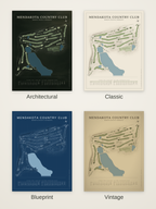 Mendakota Country Club course map poster in four styles: Architectural, Classic, Blueprint and Vintage