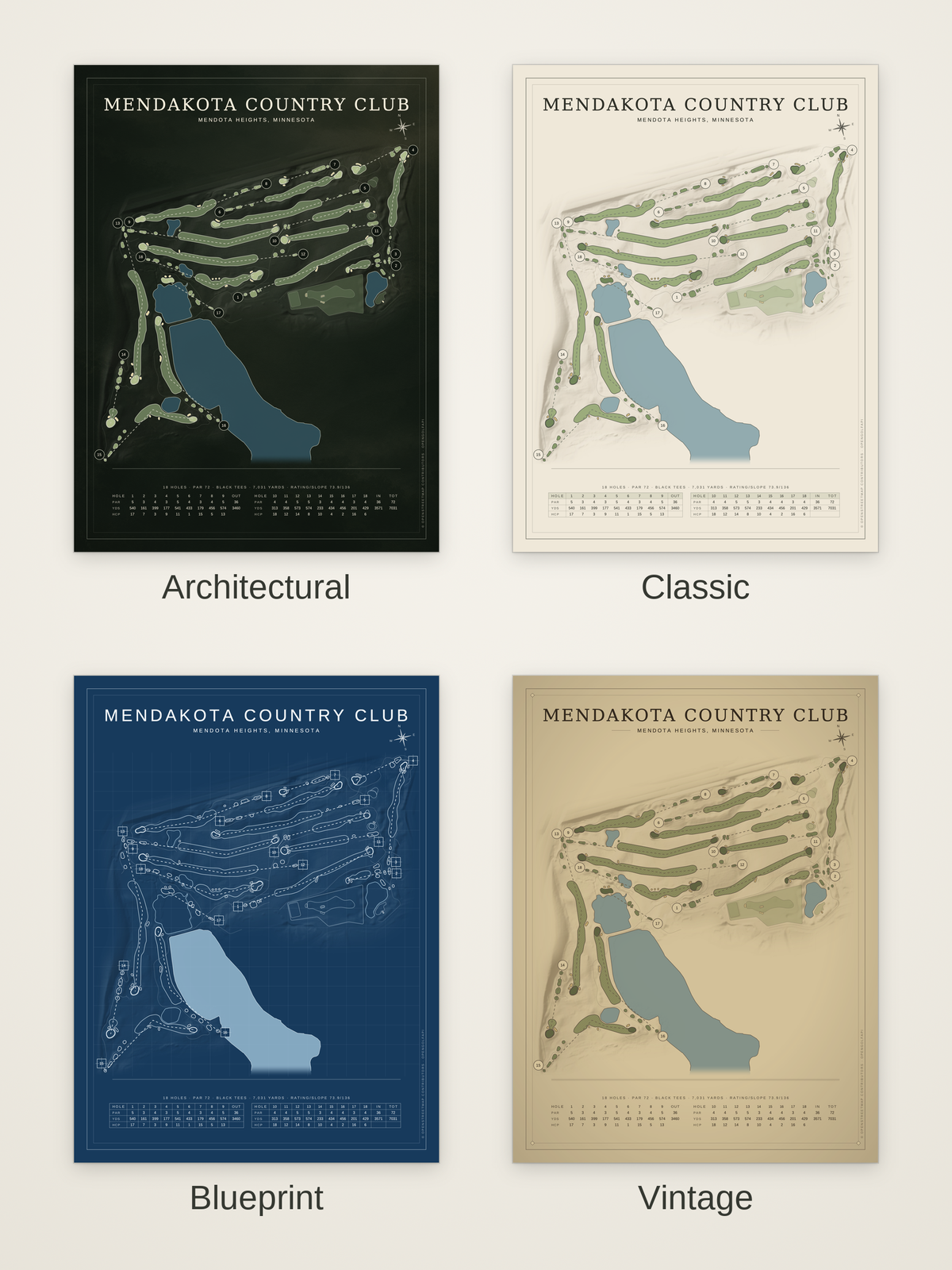 Mendakota Country Club course map poster in four styles: Architectural, Classic, Blueprint and Vintage