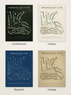 Mendon Golf Club course map poster in four styles: Architectural, Classic, Blueprint and Vintage