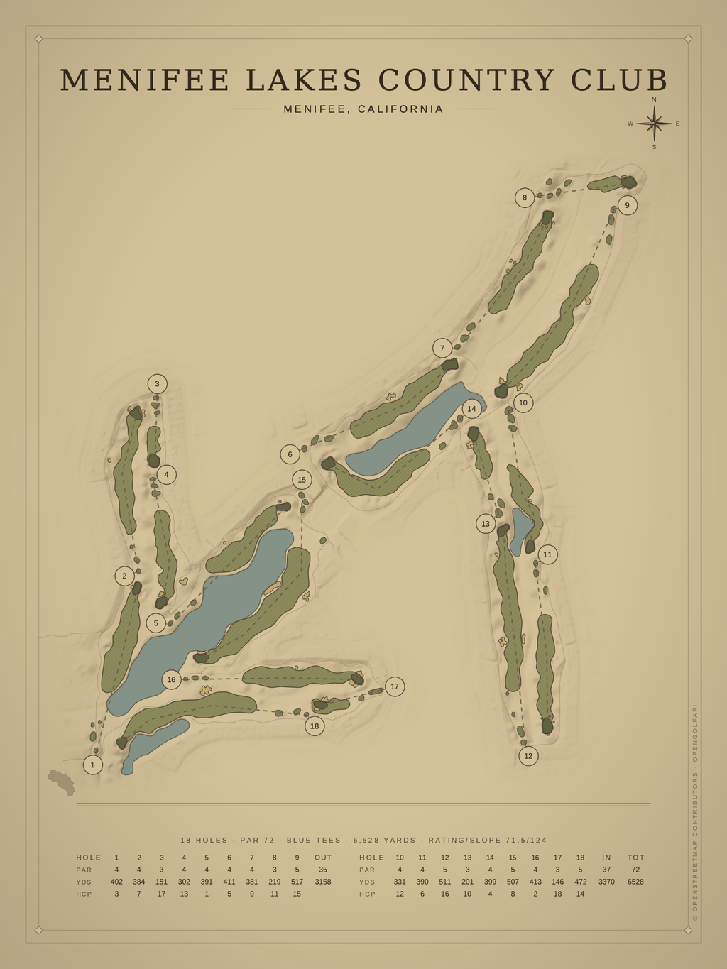 Menifee Lakes Country Club course map poster, Vintage style, 12×16 / 18×24