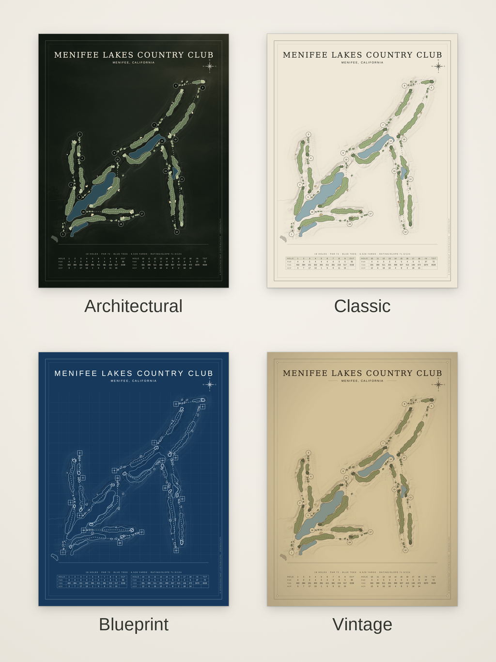 Menifee Lakes Country Club course map poster in four styles: Architectural, Classic, Blueprint and Vintage