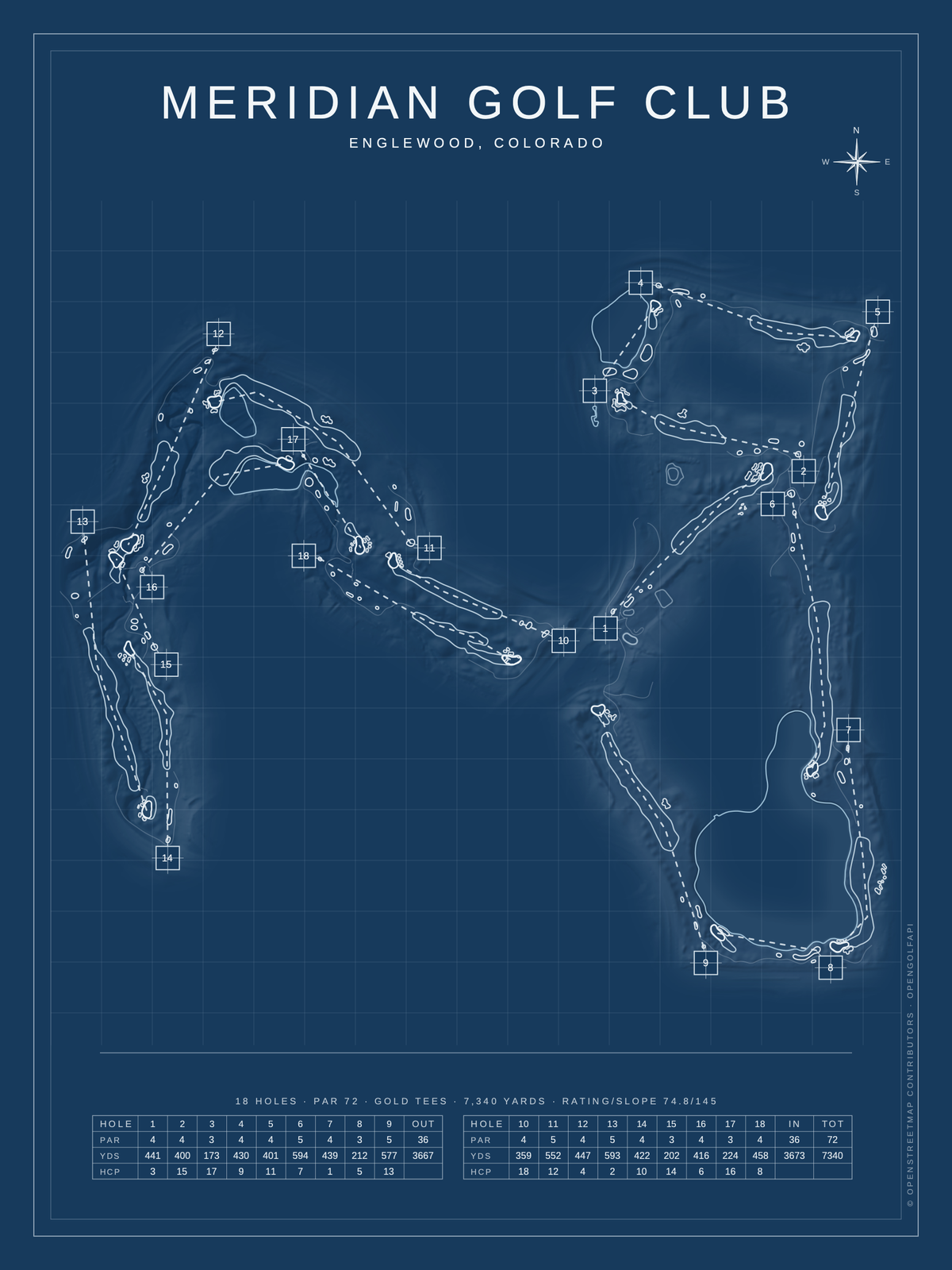 Meridian Golf Club course map poster, Blueprint style, 12×16 / 18×24