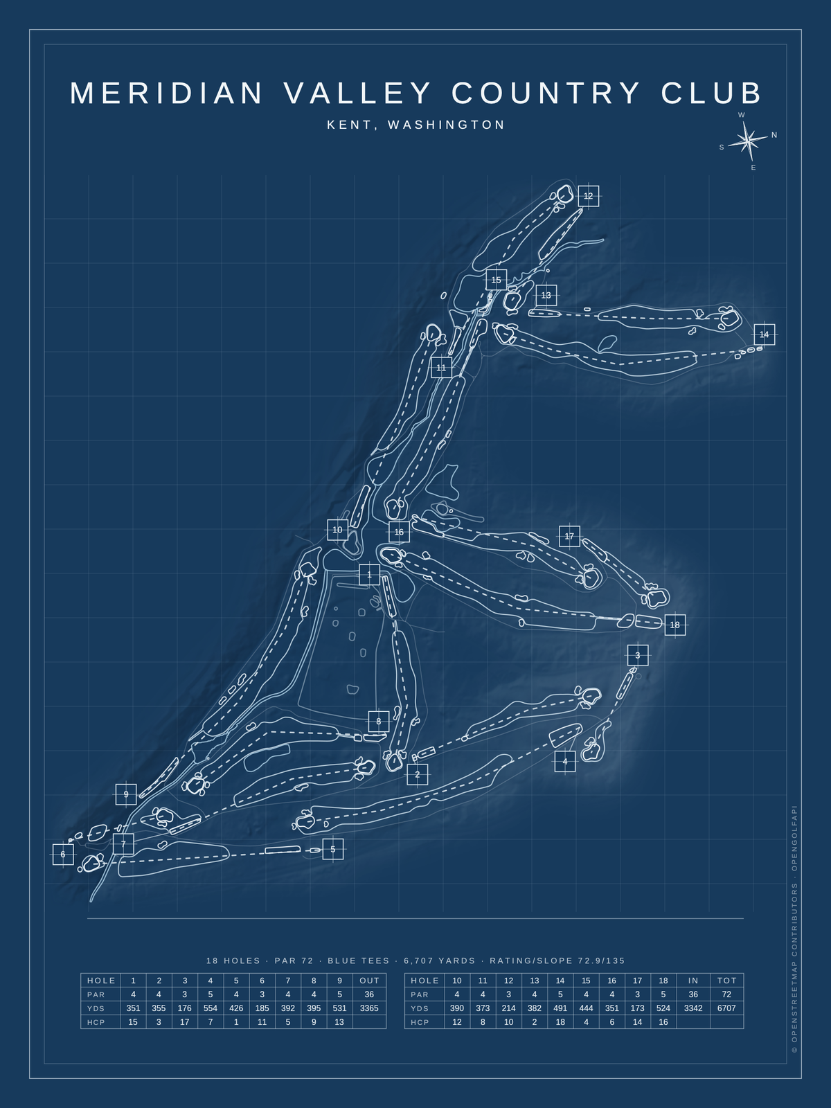 Meridian Valley Country Club course map poster, Blueprint style, 12×16 / 18×24