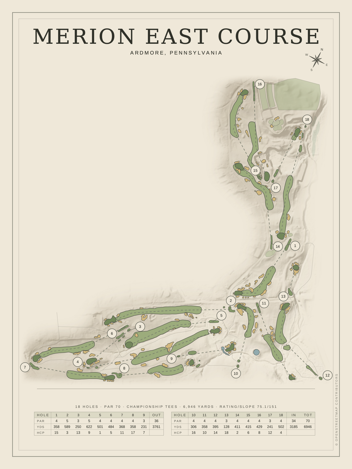 Merion East Course map poster, Classic style, 12×16 / 18×24