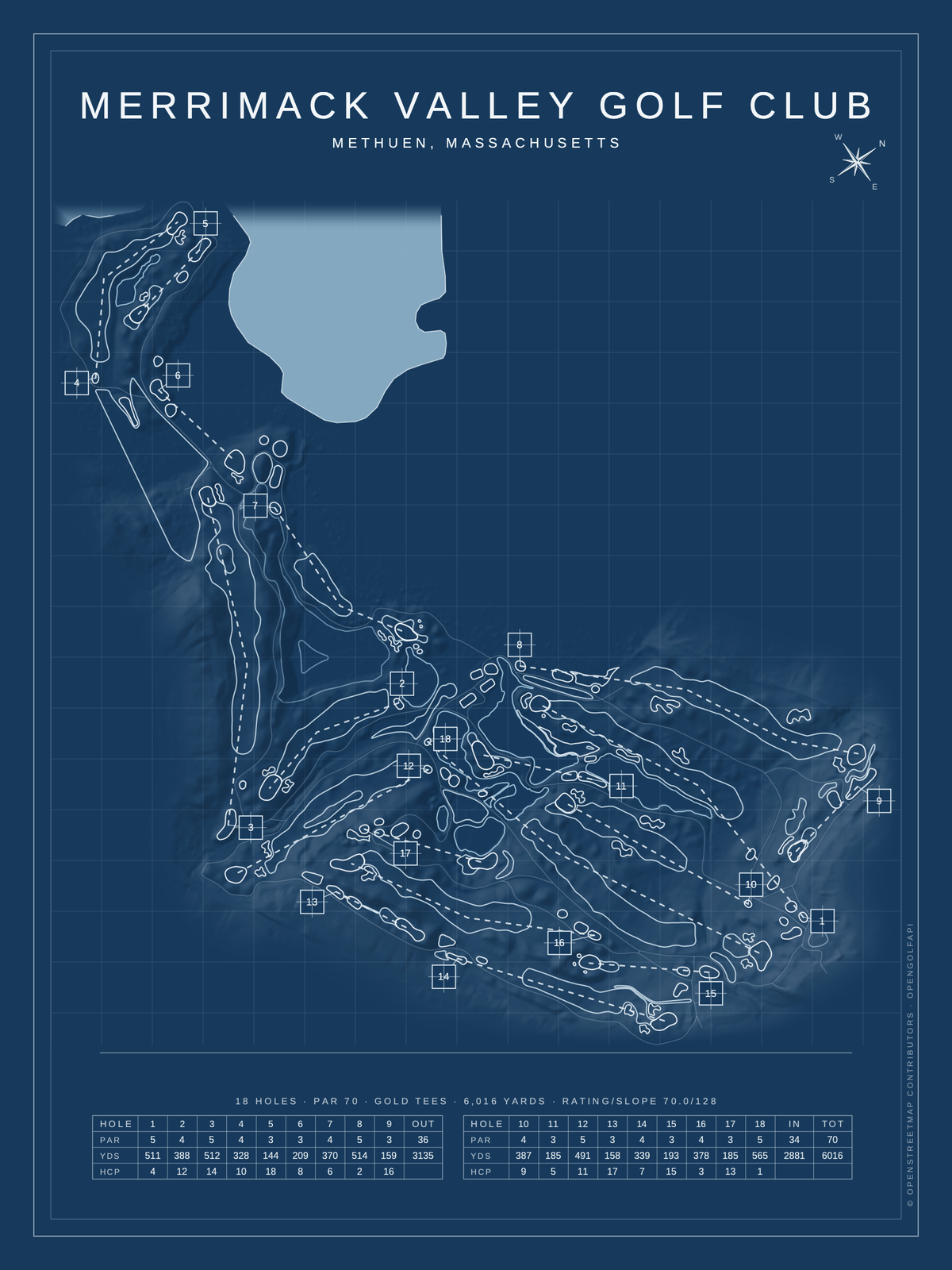 Merrimack Valley Golf Club course map poster, Blueprint style, 12×16 / 18×24
