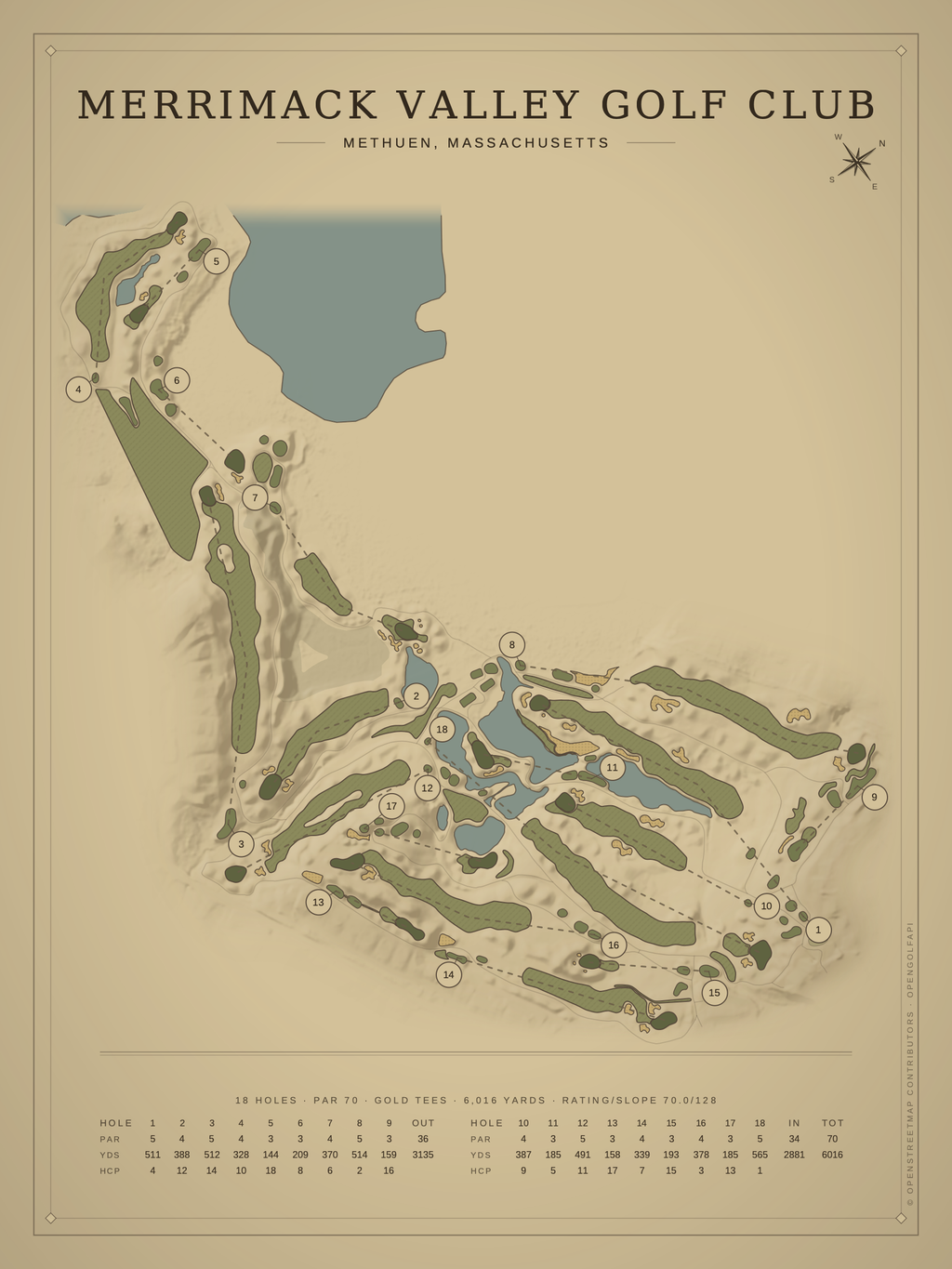 Merrimack Valley Golf Club course map poster, Vintage style, 12×16 / 18×24