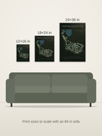 Merrimack Valley Golf Club course map poster in the Architectural style at 12×16, 18×24 and 24×36 inches, shown to scale on a wall above an 84-inch sofa